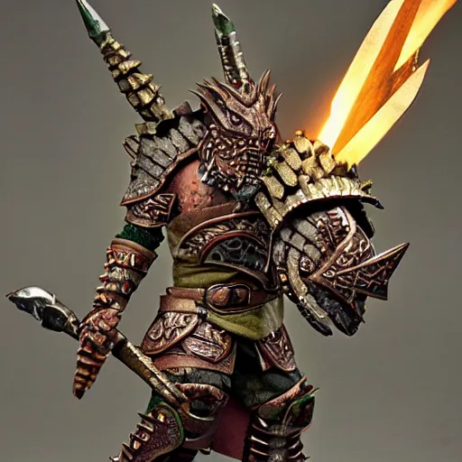 Prompt: a dragonborn warrior from the pathfinder rollplaying game wearing overlapping armor pieces with a spiked shield on one arm and an intricate, many - toothed spear in the other hand striking a heroic pose