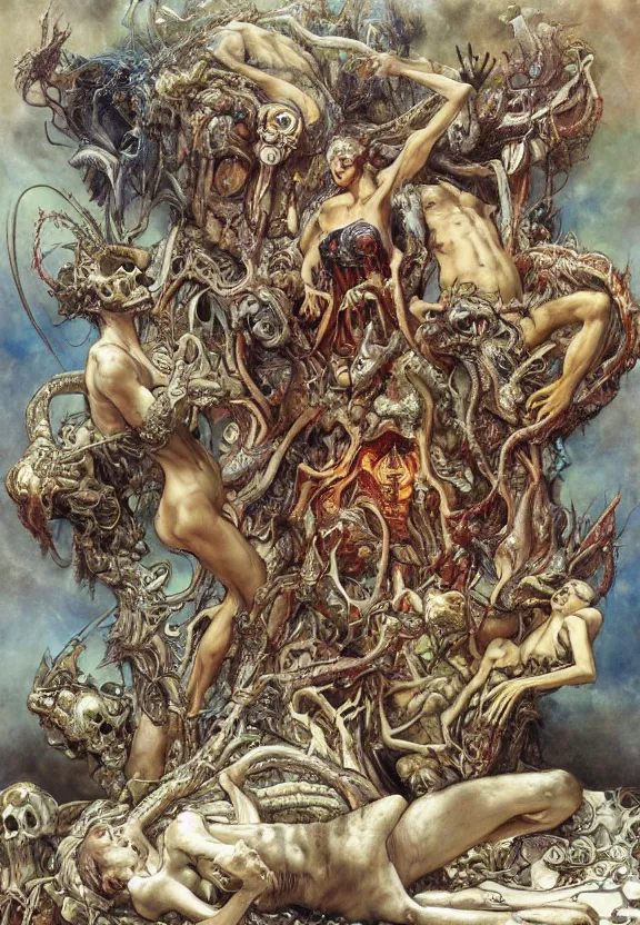 Image similar to colorful muscular eldritch bodies radiating town fractal, white bones, white skeletons, by h. r. giger and esao andrews and maria sibylla merian eugene delacroix, gustave dore, thomas moran, pop art, chiaroscuro, biopunk, art nouveau