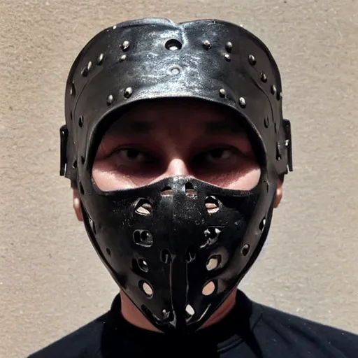 Image similar to an ancient warrior in black wearing a metal face mask