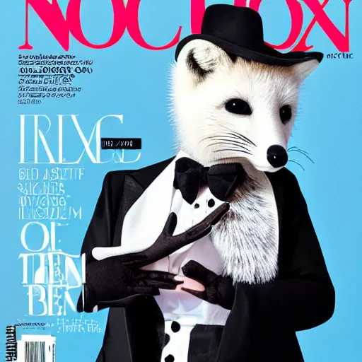 Prompt: fashion magazinecover of an anthropomorphic Arctic Fox wearing a fancy tuxedo