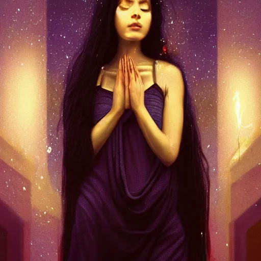Image similar to Masterpiece portrait of an aesthetic beautiful realistic black haired priestess, 30 years old woman, praying, cinematic light, digital painting by WLOP, atmospheric effects, fireflies, 4K, octane render, artstation, deviantart, close view, dark purple blue tones