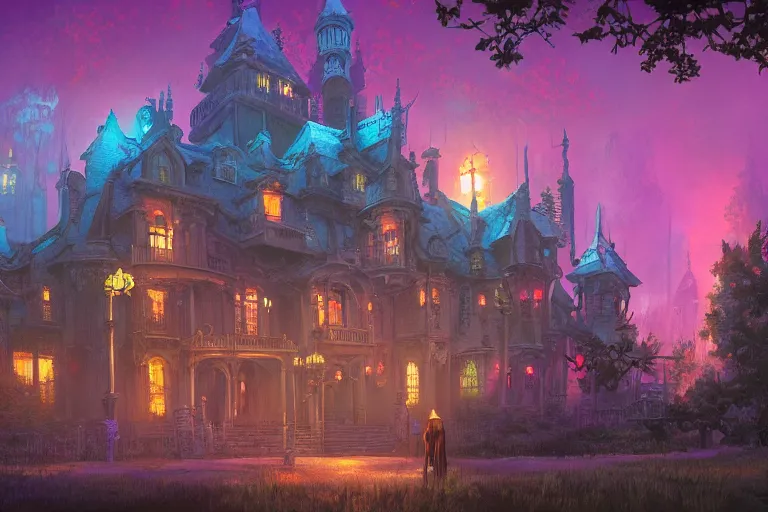 Image similar to matte painting, haunted mansion, infographic with illustrations!!!, glowing lights, epic fantasy, colorfully, digital art, highly saturated colors, concept art, detailed illustration, hd, 4 k, digital art, greg rutkowski, dan mumford, studio ghibli trending on artstation