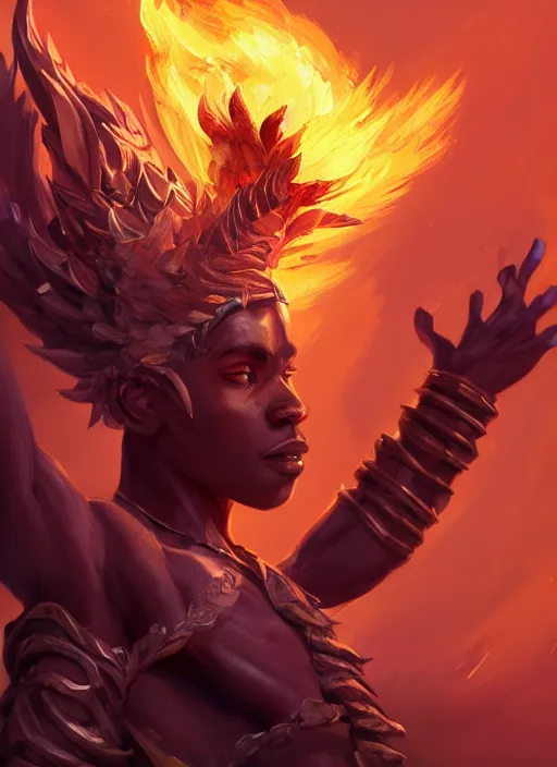 Image similar to a highly detailed illustration of attractive young african fire god with short hair, flaming feet and hands, heroic jumping pose, intricate, elegant, highly detailed, centered, digital painting, artstation, concept art, smooth, sharp focus, league of legends concept art, wlop