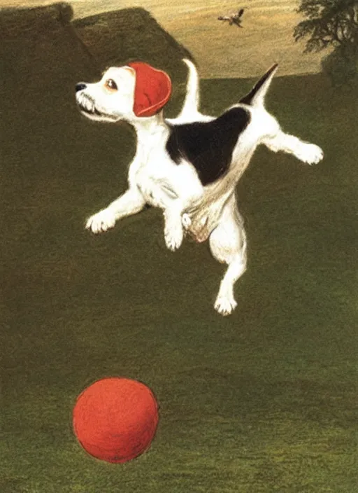 Image similar to jack russel terrier jumping from the ground over a red ball, illustrated by peggy fortnum and beatrix potter and sir john tenniel