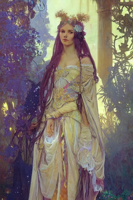 Image similar to hyperrealist portrait of a girl emperorit is decorated with long robes that fall like stars, an ostentatious palace and garden are seen in the background. by jeremy mann and alphonse mucha, fantasy art, photo realistic, dynamic lighting, artstation, poster, volumetric lighting, very detailed faces, 4 k, award winning