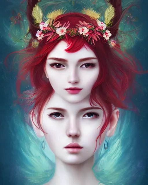 Image similar to the goddess of summer, with lotus on her head, red hair, half - length head portrait, dreamy, beautiful, by wlop