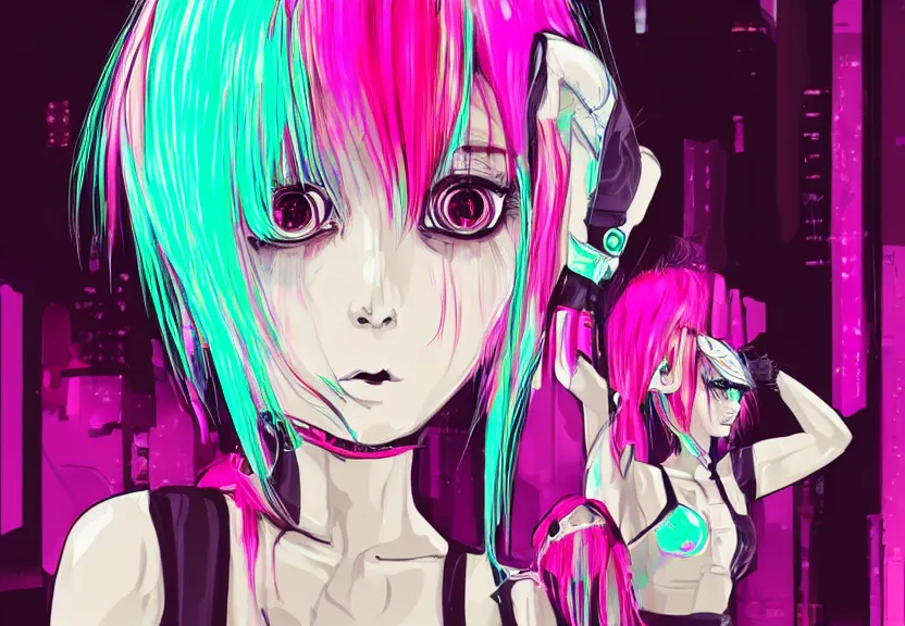 Prompt: little android girl with eccentric pink haircut wearing dress made by black feather, cyberpunk, anime style artwork, dark, neon, anatomically perfect