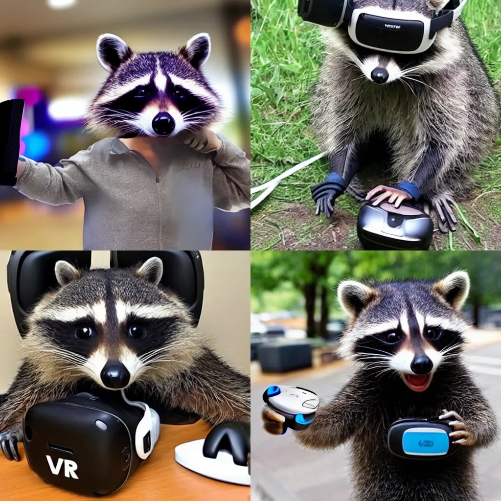 Prompt: a raccoon wearing a VR headset and holding VR controllers