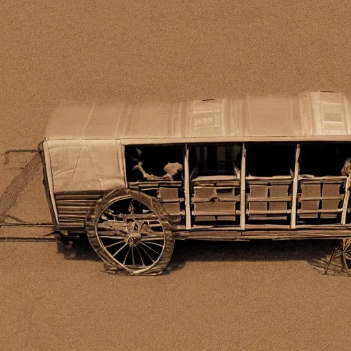 Image similar to a birdseye view sepia photograph of a delorean turned into a covered wagon, traveling in a line with covered wagons and cattle