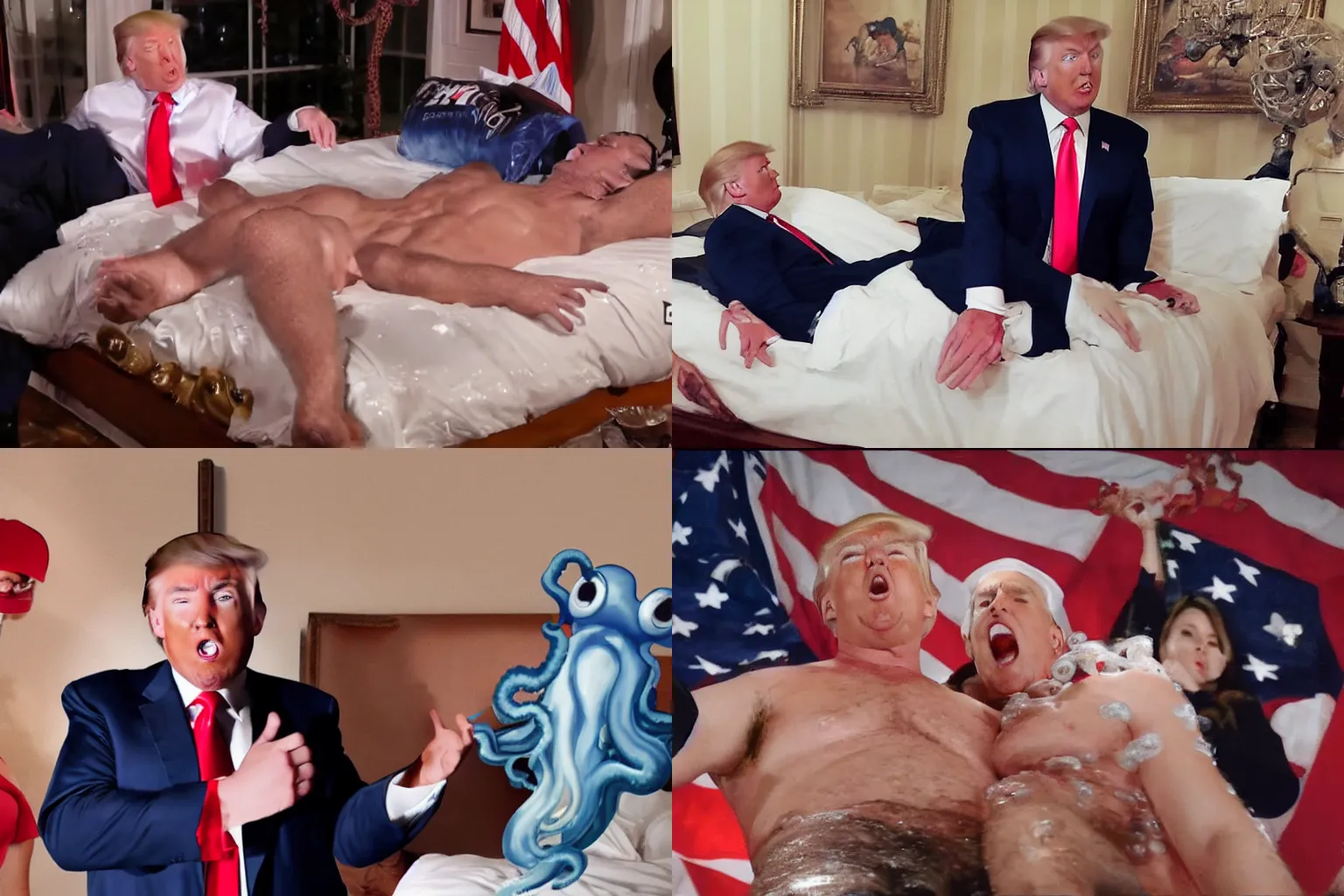 Prompt: gopro footage of donald trump on a bed, full body, fully clothed, male anatomy, sweaty, octopus tentacles, clear slime