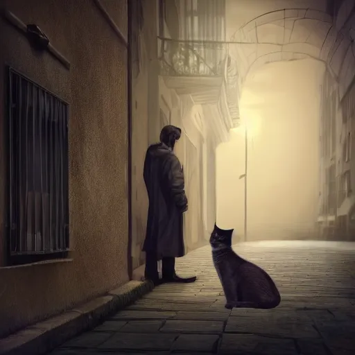 Prompt: man staring at a cat, ultra realistic, digital art, gothic, rich deep colors, smooth shadows, high resolution, cinematic