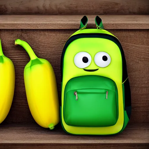 Prompt: a banana with a green backpack, photorealistic, 8 k