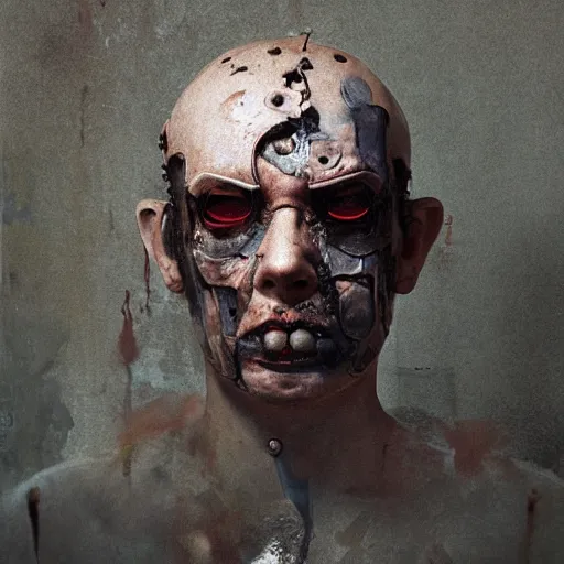 Prompt: mugshot photo of an ugly criminal, cyborg, (((high tech, cyberpunk))), by cy Twombly and BASTIEN LECOUFFE DEHARME