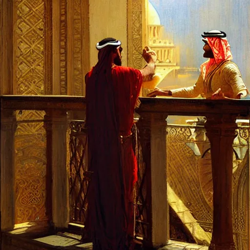 Prompt: attractive arab king confesses that is in love with his attractive male prince, in balcony of palace, above a river. highly detailed painting by gaston bussiere, craig mullins, j. c. leyendecker