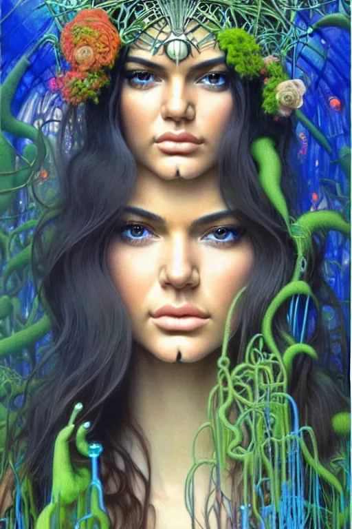 Image similar to realistic detailed face portrait painting of a beautiful kendall jenner with long hair with sci-fi headwear, futuristic sci-fi forest on background by Jean Delville, Amano, Yves Tanguy, Alphonse Mucha, Edward Robert Hughes, Roger Dean, rich moody colours, blue eyes