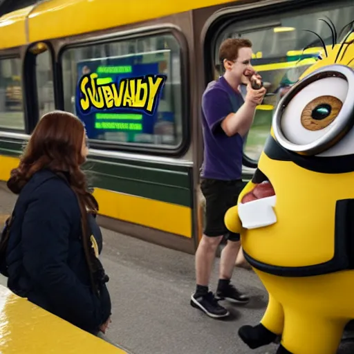 Prompt: subway jared luring minion with a banana