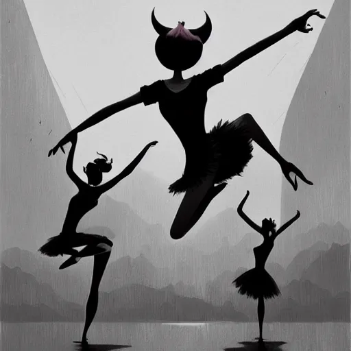 Image similar to a beautiful highly detailed matte painting of black devil ballerinas dancing on stage by atay ghailan, cliff chiang, loish and goro fujita, black, white and pink mystical tones, featured on artstation, featured on behance, grunge aesthetic, spooky