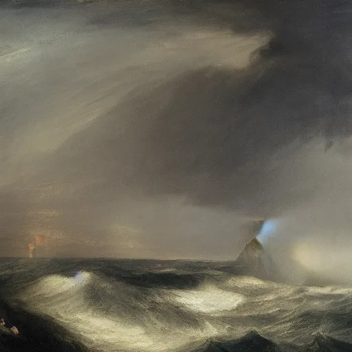 Image similar to Silhouette of a man in a dark coat, stormy sea in the background, sombre, by J.M.W Turner, dark, realistic, high textures, misty