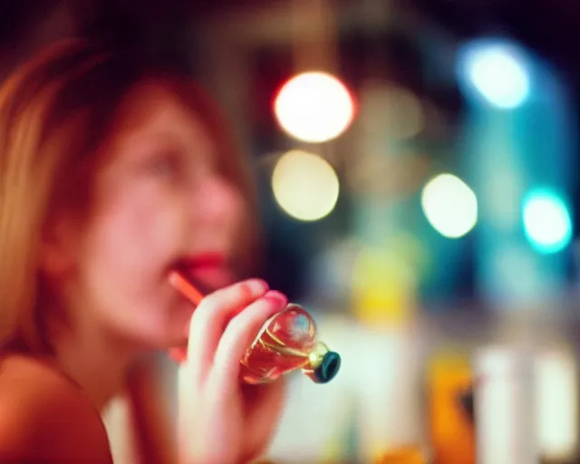 Prompt: a lomographic photo of girl drinking a cocktail, cinestill, bokeh, out of focus