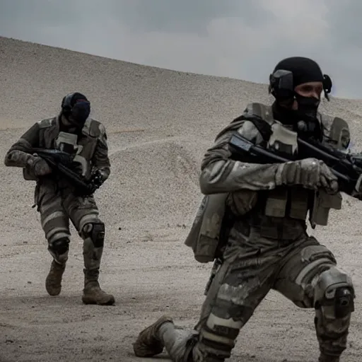 Image similar to Special Forces in grey uniform with black body armor under artillery fire in 2022, photo by Adam Ferguson, Pulitzer Winning, cinematic composition, breathtaking, modern, 2022