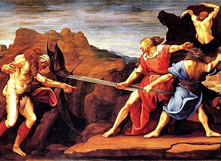 Prompt: renaissance painting of only two character visible, Gandalf the gray on the right fighting against the fiery giant balrog on the left, by nicolas poussin