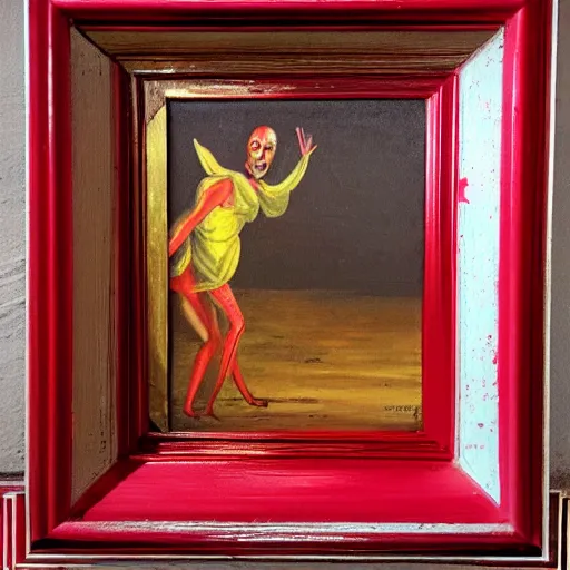 Prompt: a horrific painting in a bright red frame