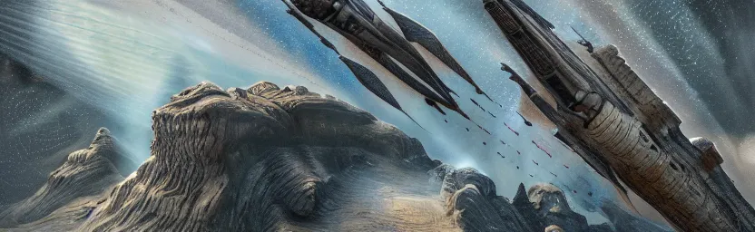 Prompt: prometheus movie - spaceship fly over ( desert, plain, city, ice, jungle, ocean, mountains, volcano, spaceport ), 8 k, acanthus scroll, ceremonial clouds, dripping paint, sharp focus, 8 k, ultra hd, sense of awe, highly detailed, hyper realistic, intricate, science journal cover, artstation, art gem
