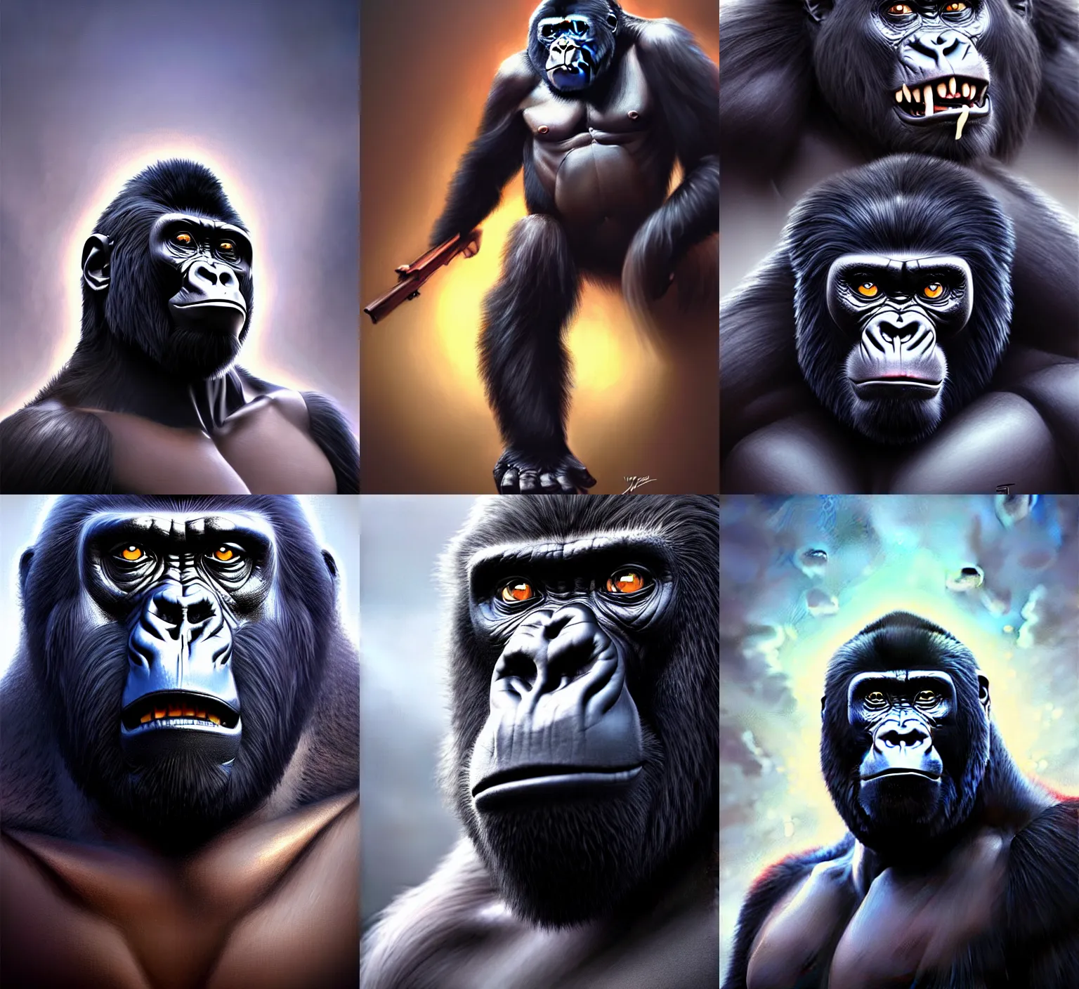 Prompt: frightening gorillas warrior portrait, weapons in hand, art by artgerm, wlop, loish, ilya kuvshinov, tony sandoval. 8 k realistic, hyperdetailed, beautiful lighting, detailed background, depth of field, symmetrical face