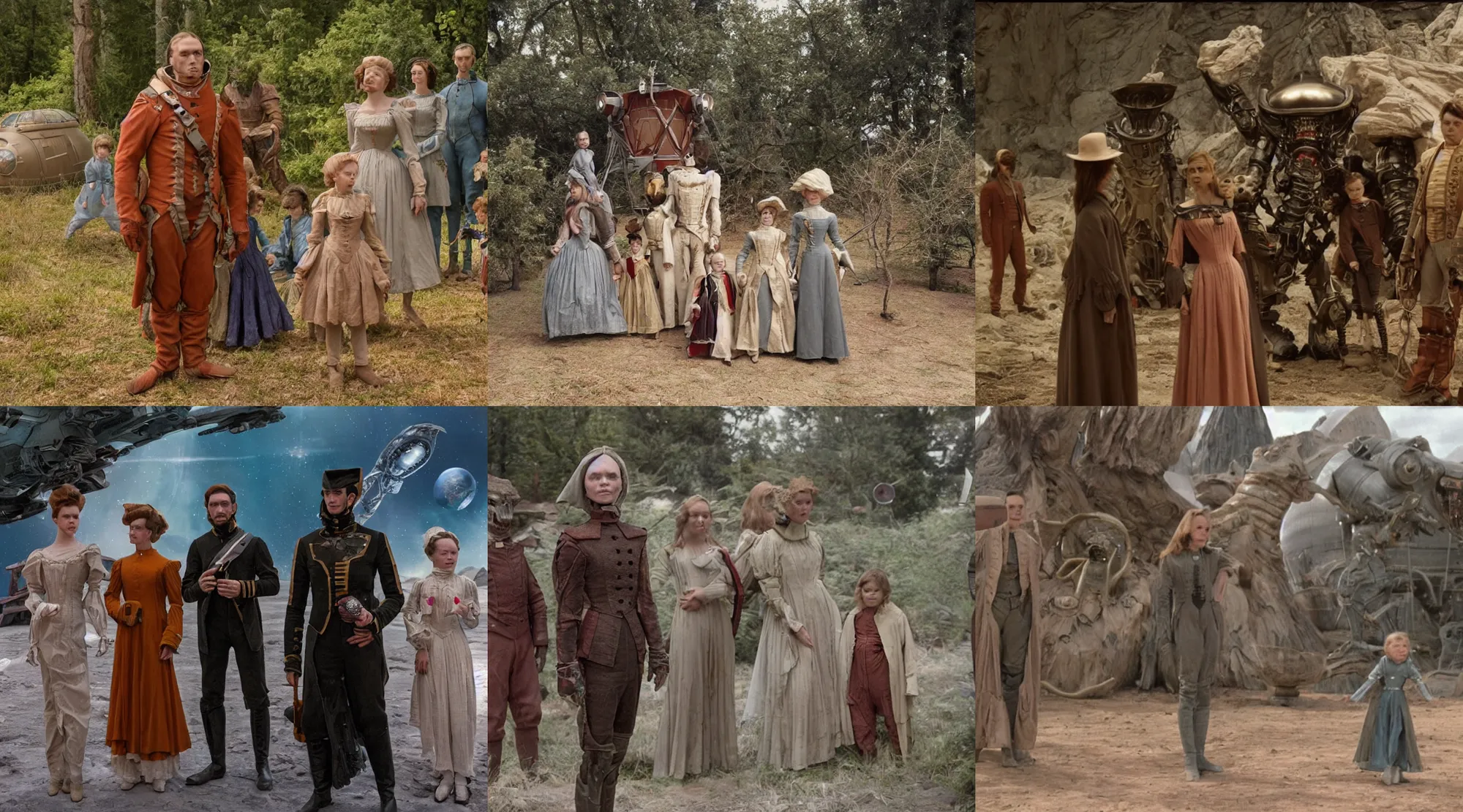 Prompt: sharp, 70mm still from a sci fi blockbuster color movie made in 2022, set in 1860, of a family leaving a spaceship, that has just landed on an alien planet, a humanoid alien creature stands nearby, the family are wearing 1850s era clothes, 4k, extremely good quality lighting, good quality photography, a list cast, famous actors, famous actresses, oscar winner