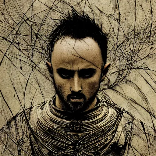 Prompt: Yoshitaka Amano realistic illustration of jessie pinkman ,hair fluttering in the wind, cracks on her face wearing Elden ring armour with engraving, abstract black and white patterns on the background, noisy film grain effect, highly detailed, Renaissance oil painting, weird portrait angle, blurred lost edges, three quarter view