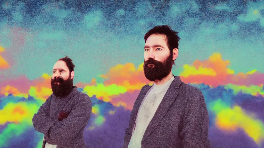Image similar to portrait of a bearded german photographer at a vast temple under a vivid sky, aomori japan, a collage painting, in the style of wes anderson, lola dupre, david hockney, isolated on negative white space background dark monochrome neon spraypaint accents volumetric octane render
