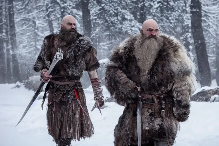 Image similar to vfx movie tough bald man in furs, natural grizzled skin, streaks of red face paint grey beard, dual wielding detailed viking war axes, in snowy tahoe, god of war by emmanuel lubezki