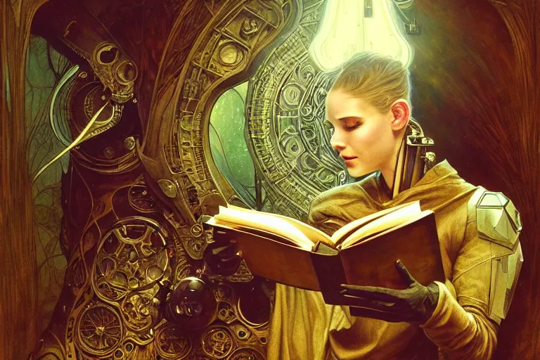 Prompt: a cyborg reading from an old book with a leather cover, fantasy, sci-fi, intricate, elegant, dramatic lighting, highly detailed, lifelike, photorealistic, digital painting, artstation, concept art, smooth, sharp focus, illustration, art by John Blanche and Paul Dainton and Albert Aublet and Artem Demura and Alphonse Mucha