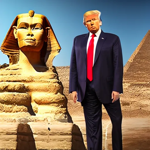 Image similar to Donald Trump with sphinx body, realistic artstyle, wide shot, dramatic lighting, octane render, hyperrealistic, high quality, highly detailed, HD, beautiful, cinematic, 8k, unreal engine, facial accuracy, symmetrical