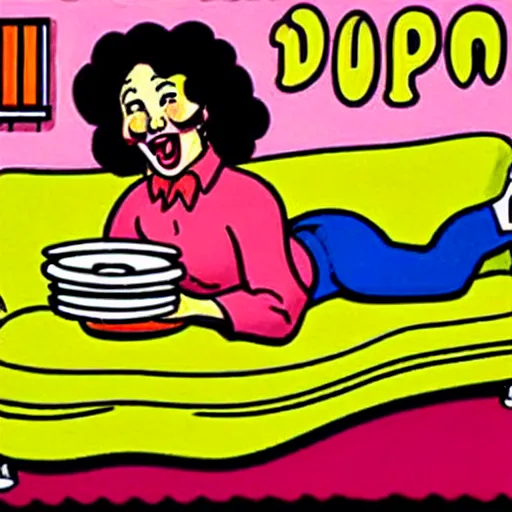 Prompt: a happy robust woman laying on a couch eating donuts, artist robert crumb