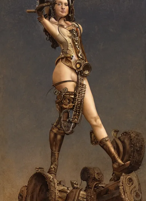 Image similar to highly detailed steampunk woman standing on a mechanism : leonardo da vinci, greg rutkowski, magali villeneuve