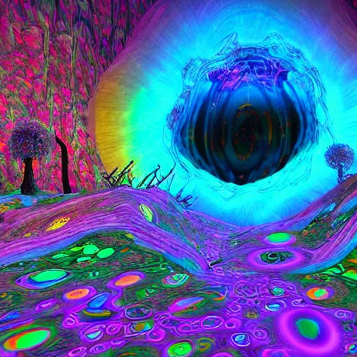 Image similar to an organic landscape made of psychedelic LSD DMT open eye visuals, Shpongle, unreal engine cinema4d