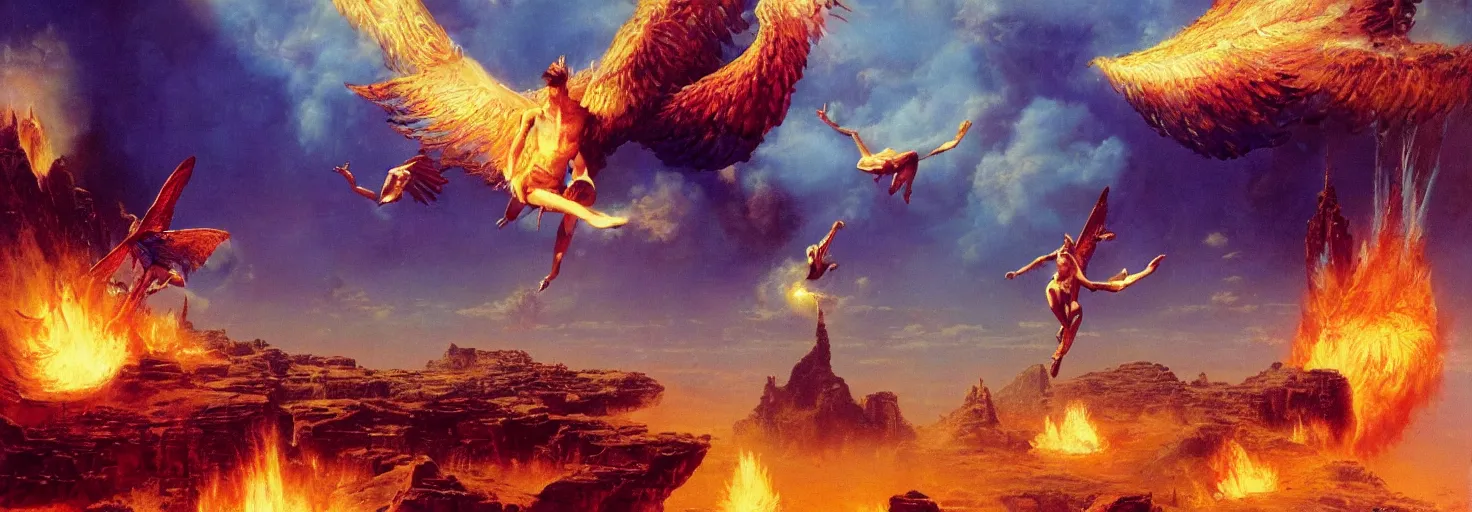 Image similar to an epic and awe-inspiring bruce pennington digital art landscape painting of Icarus crashing and burning while his father Daedalus looks on in disbelief