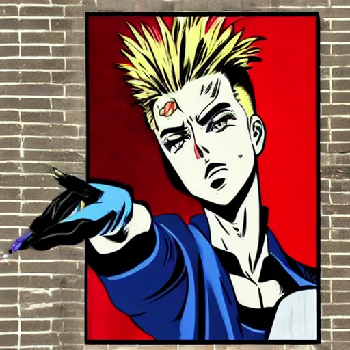 Image similar to Wall mural portrait of Vash the Stampede, urban art, pop art, artgerm, by Roy Lichtenstein