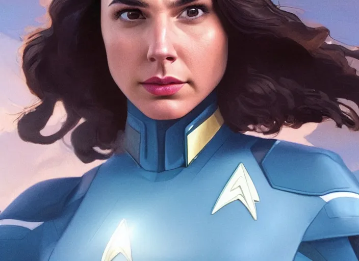 Image similar to a disney film still of gal gadot as a star trek officer, finely detailed features, closeup of the face, perfect art, dusk, blue hour, gapmoe yandere grimdark, trending on pixiv fanbox, painted by greg rutkowski, makoto shinkai, takashi takeuchi, alphonse mucha, akihiko yoshida