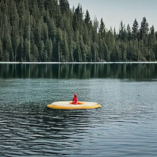 Image similar to Mysty lake, single human floating in the lake in the distance, dark