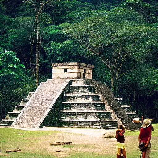 Prompt: mayan pyramids in a jungle next to a camp with tents, photorealistic, highly detailed, photo, cinestill