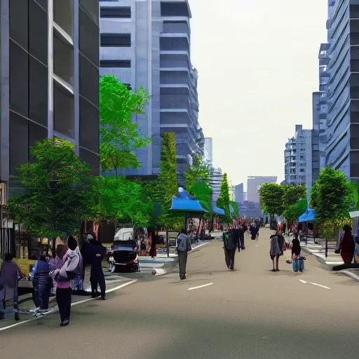 Prompt: Street scene of a future Korean city that coexists with nature