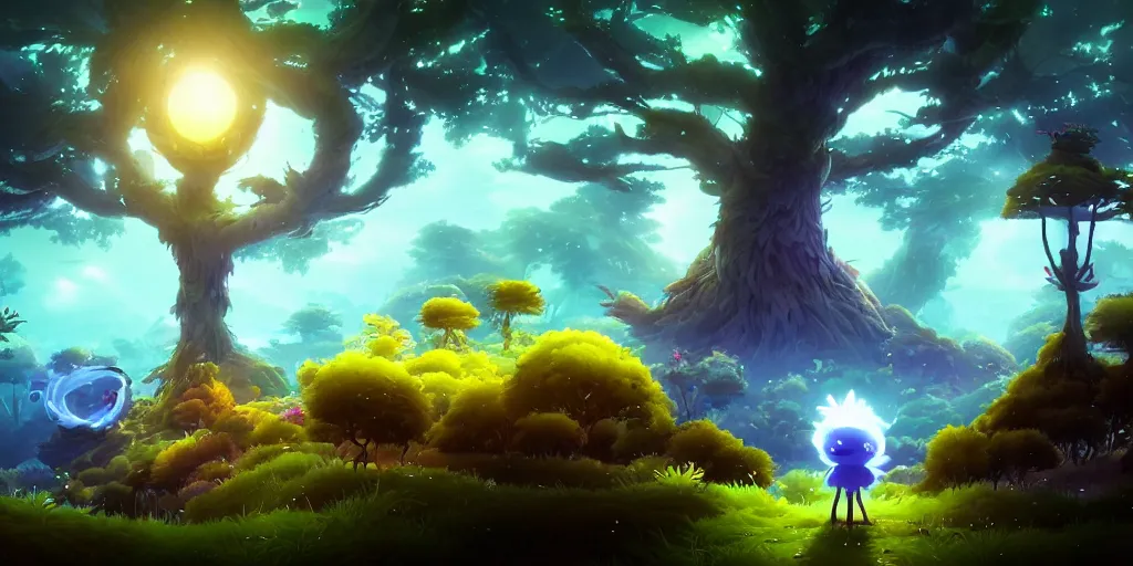 Prompt: Ori and the blind forest, Portrait a trees, side scrolling, Very Cloudy Sky, Sun, Neon Lights, Subject in Middle, Rule of Thirds, 4K, Retrofuturism, Studio Ghibli, Simon Stålenhag