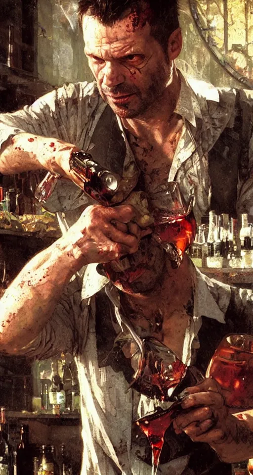 Image similar to close up of bloodied max payne pouring a drink, sun shining, photo realistic illustration by greg rutkowski, thomas kindkade, alphonse mucha, loish, norman rockwell.