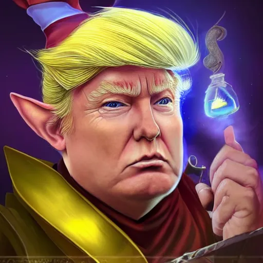 Image similar to fantasy elf wizard that looks like president donald trump, trending on art station