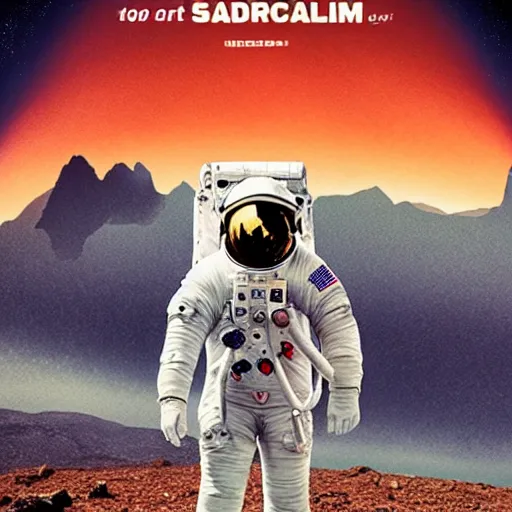 Image similar to a movie poster with an astronaut standing in front of a mountain, a poster by Niels Lergaard, reddit contest winner, incoherents, imax, movie poster, criterion collection