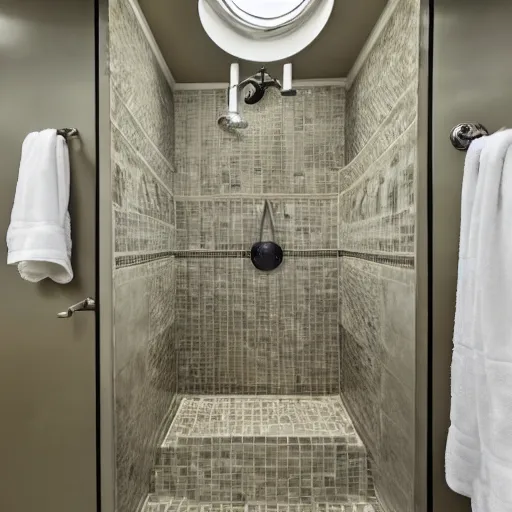 Image similar to photo of a shower in a bathroom with an elephants trunk coming up the train into the shower stall