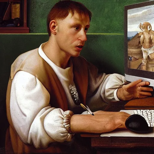 Prompt: a happy man studying soccer on his computer, detailed, highly detailed, heroic, epic, complex, very detailed, realistic, HD quality, 8k resolution, body and headshot, Oil Painting, Italian Renaissance Painting of Jerma985, Italian Renaissance Painting Style, Renaissance Painting Style, Painting, Trending on Artstation