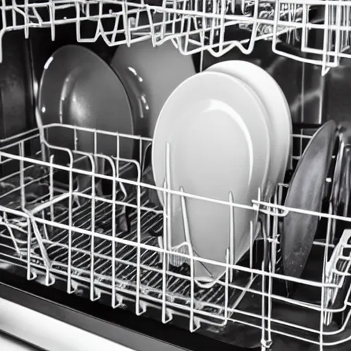 Prompt: cast iron skillet pan loaded into dishwasher rack, rust